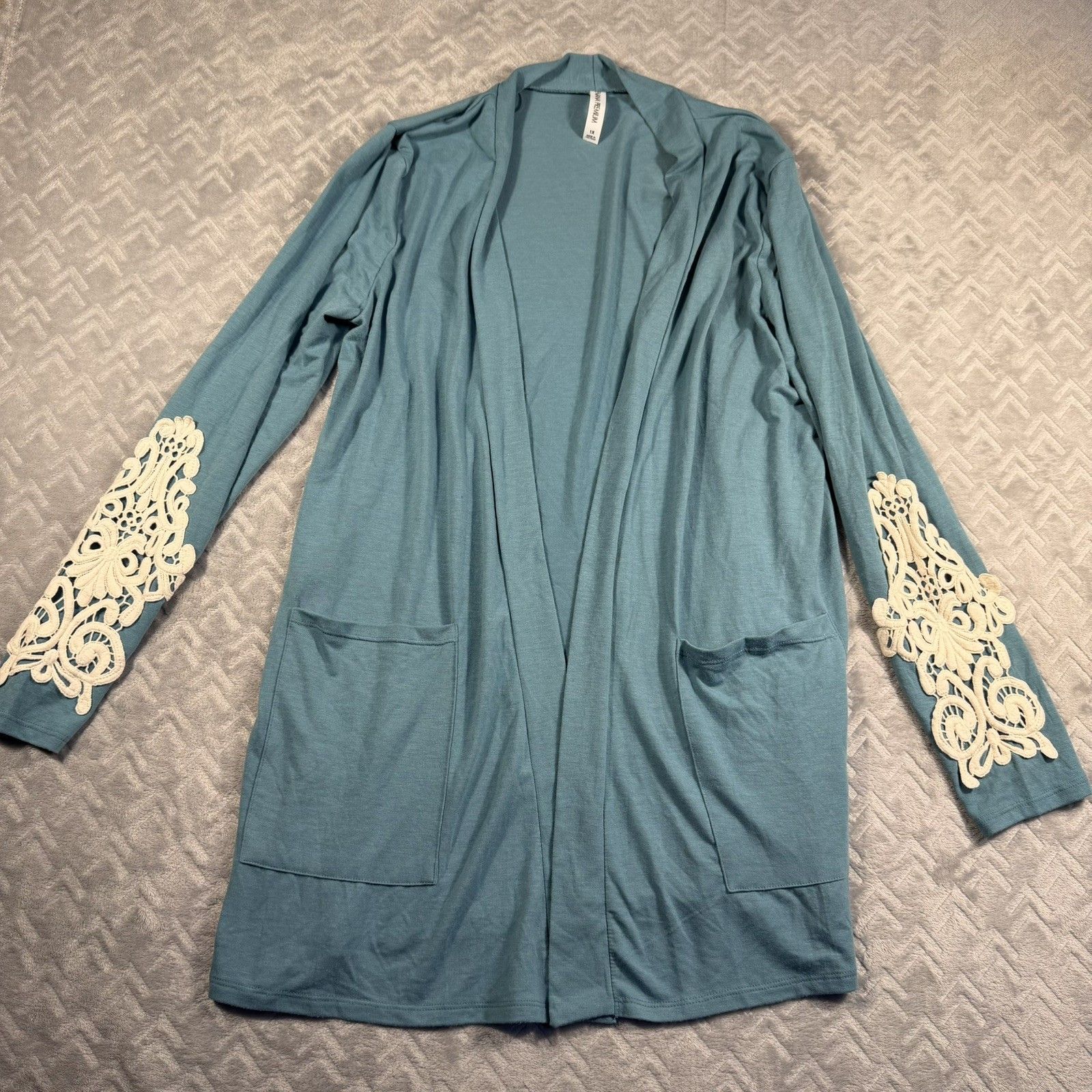 Zenana Premium Long Sleeve Open Front Blue Cardigan Womens 1x Crochet Cream Lace